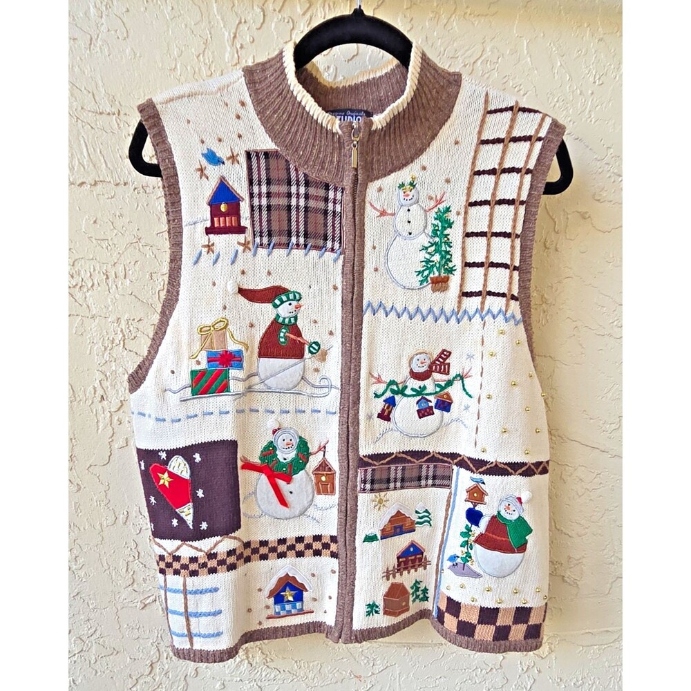 Designs Originals Studio Christmas Mock Neck Sweater Vest XLP Wool Snowman Ugly